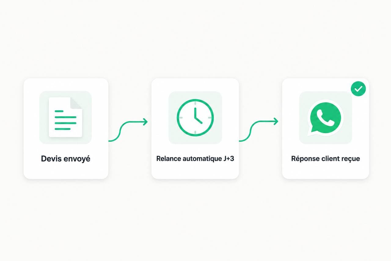 Illustration d'un flux automatisé : devis envoyé, relance automatique à J+3, puis réponse du client reçue sur WhatsApp.