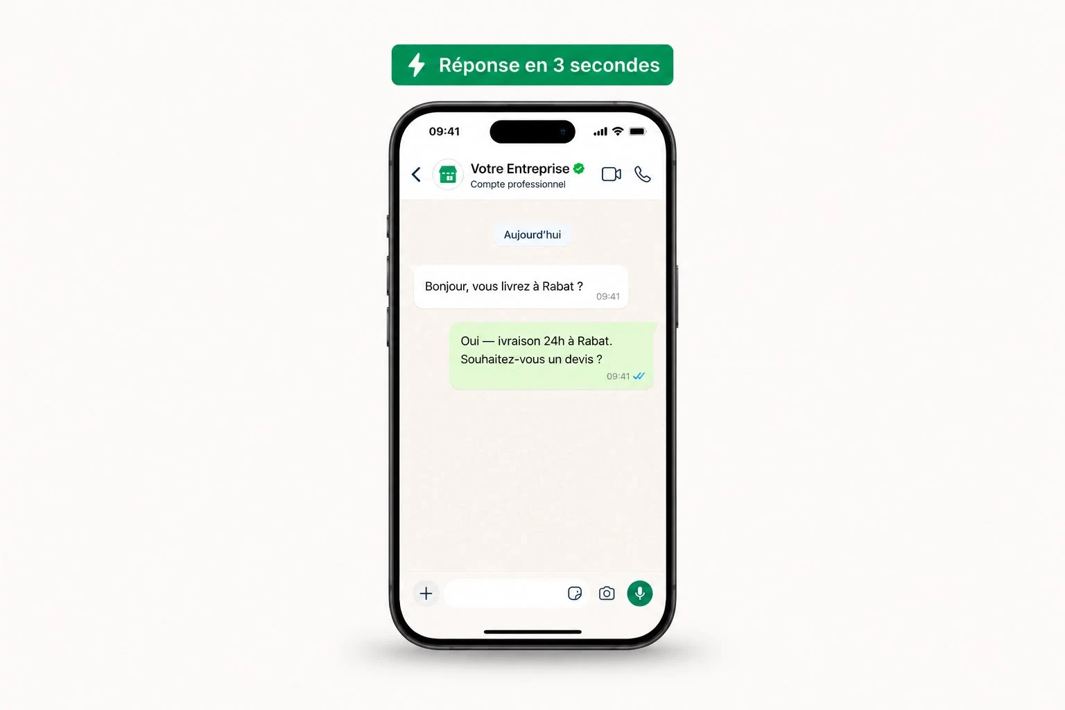 Chatbot WhatsApp pour PME au Maroc répondant automatiquement à un client en 3 secondes